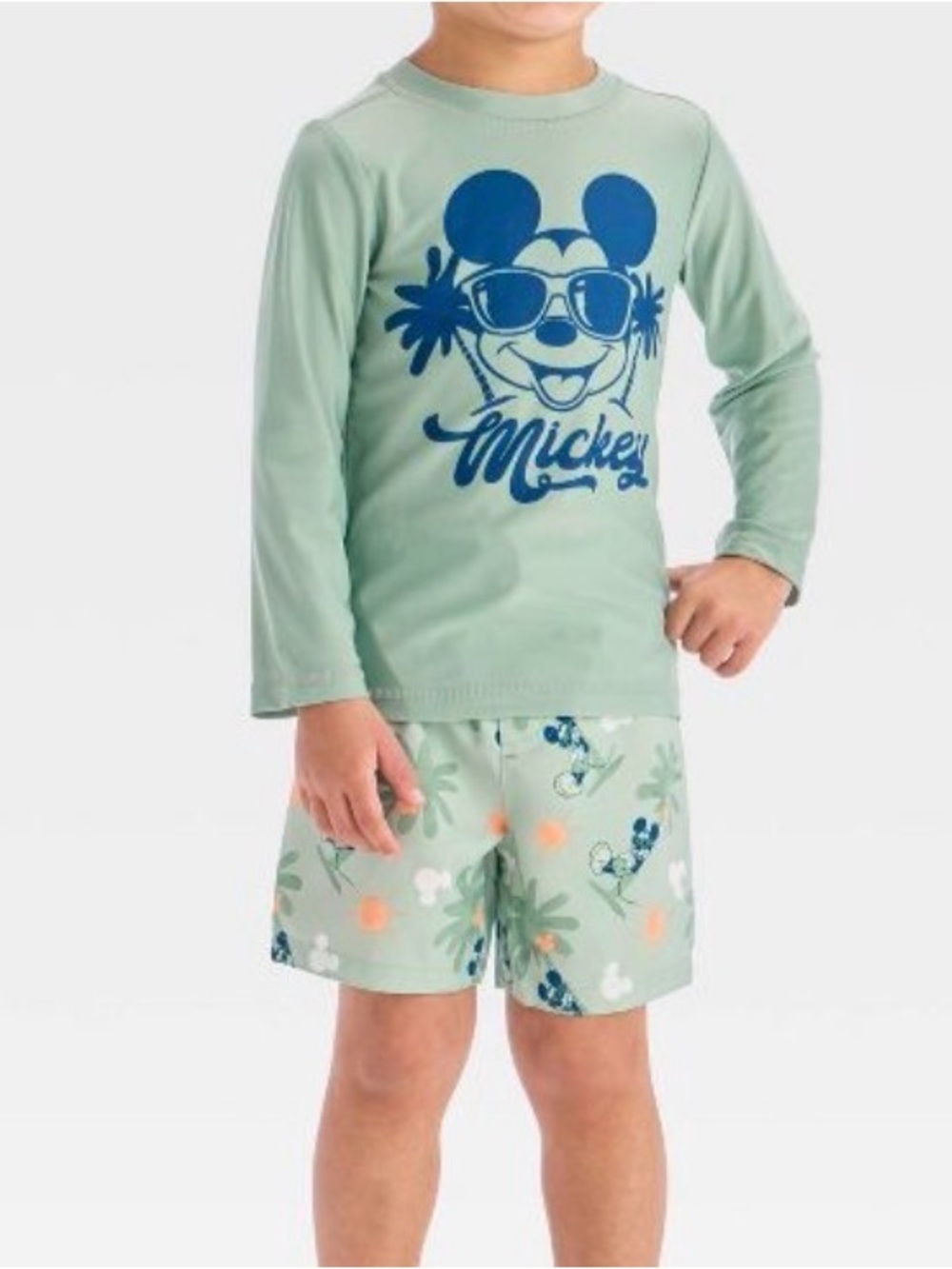 Disney Mint Green Mickey Long Sleeve Rash Guard Swim Set with Navy Graphic